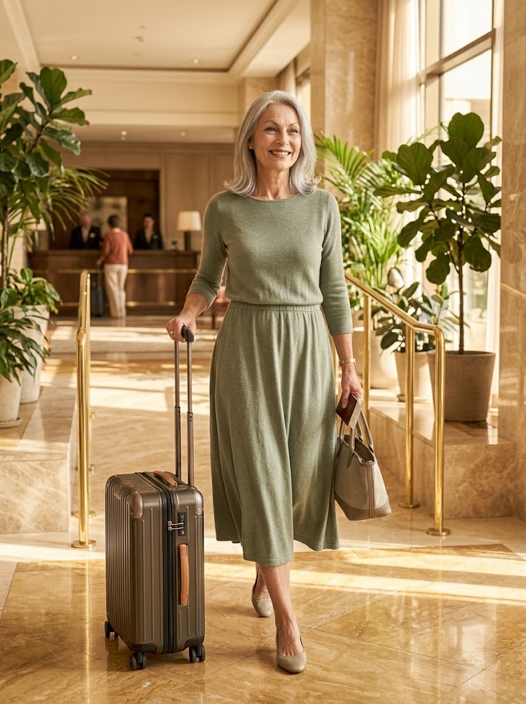 Anywhere Dress in Sage, travel-ready pull-on comfort that dresses up or down anywhere